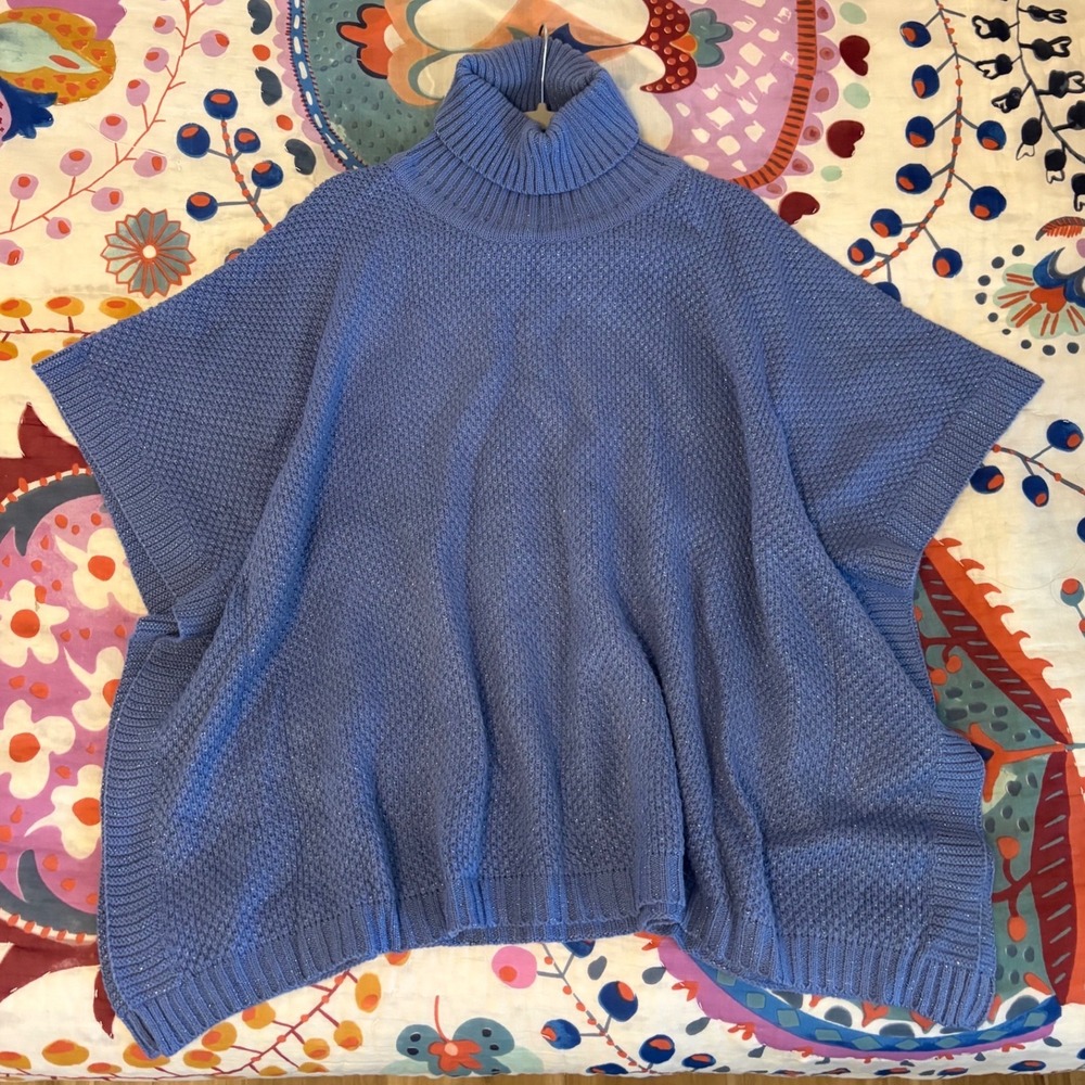 Chicos Blue Turtleneck Poncho Sweater L XL Oversized Cape Knit Shimmer